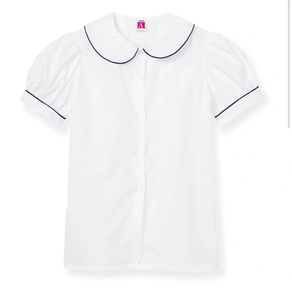 A+ White Peter Pan School Uniform Blouse Navy Blue Piping Short Sleeve S… - Picture 1 of 11